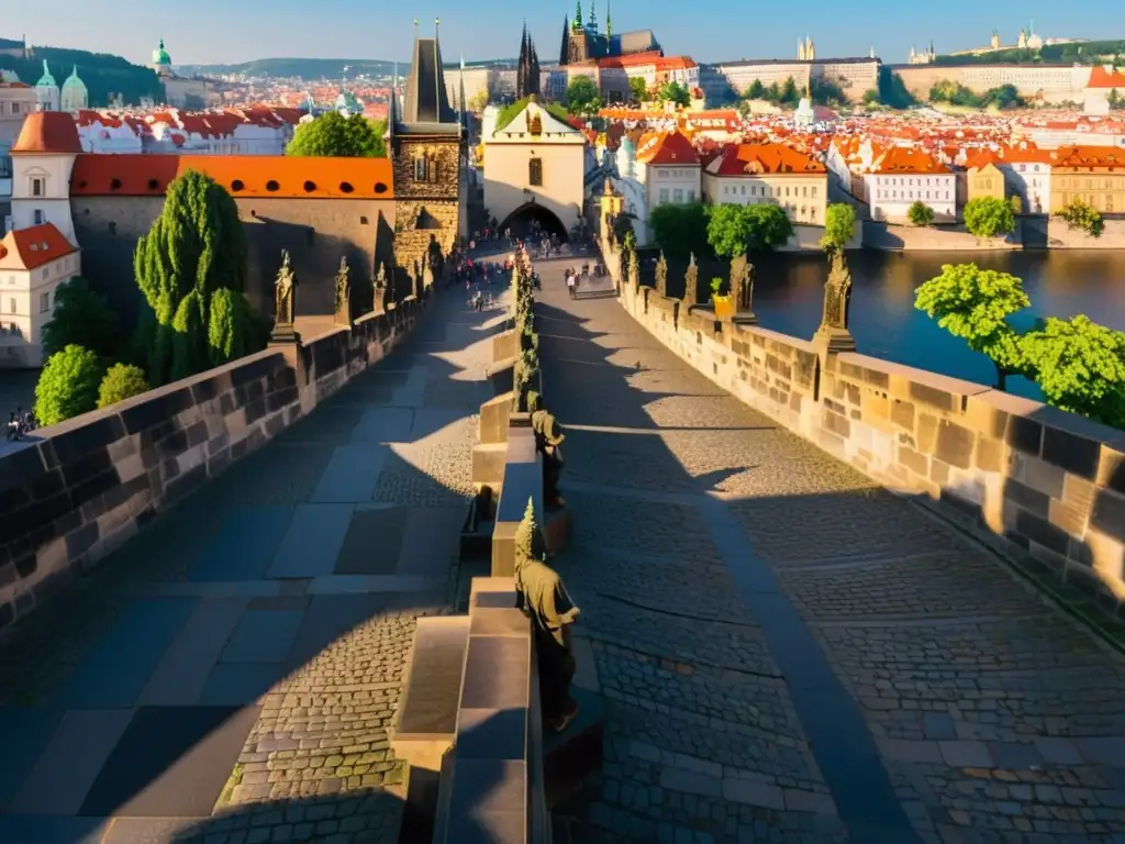 Foto detallada del Puente Charles en Praga, con su arquitectura gótica, esculturas y ambiente histórico a orillas del río Vltava