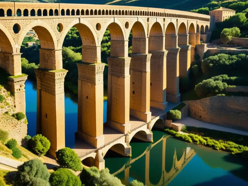 Foto detallada del Puente de Alcántara, con historia y arquitectura majestuosa, resaltada por la luz solar y sombras dramáticas