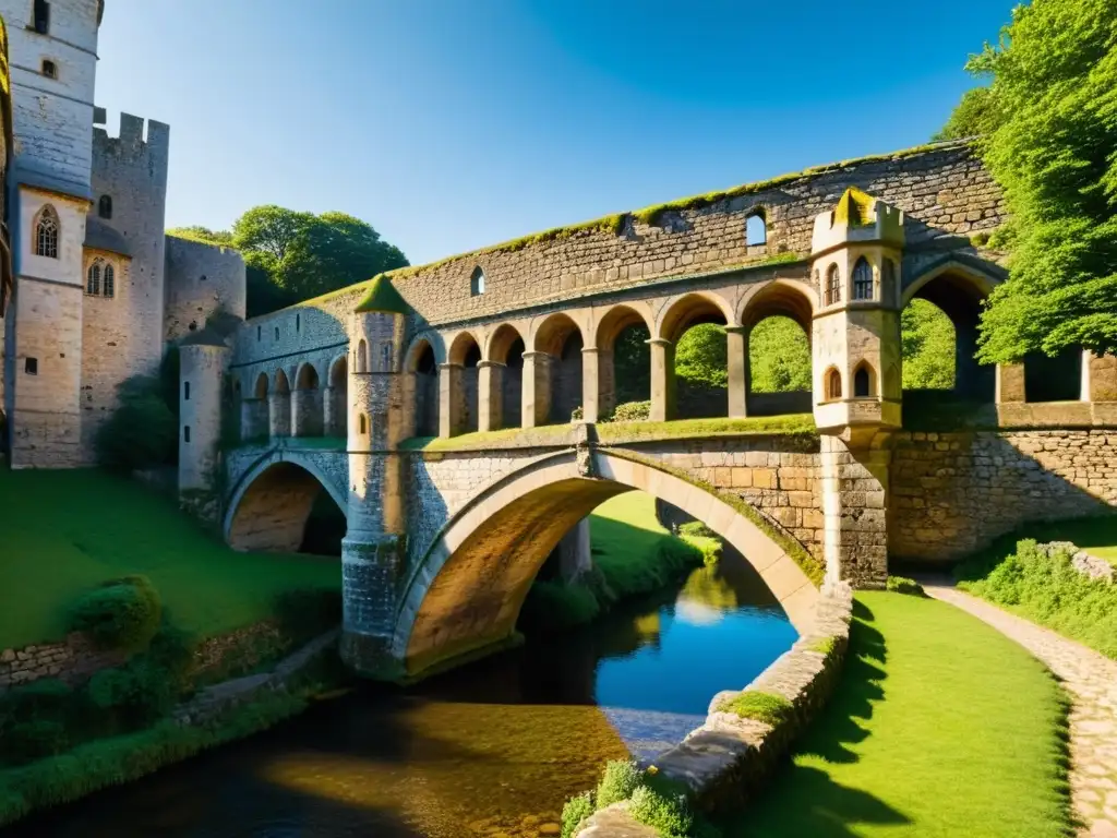 Foto detallada de un puente medieval impresionante sobre un río tranquilo, con arcos de piedra y paredes cubiertas de musgo