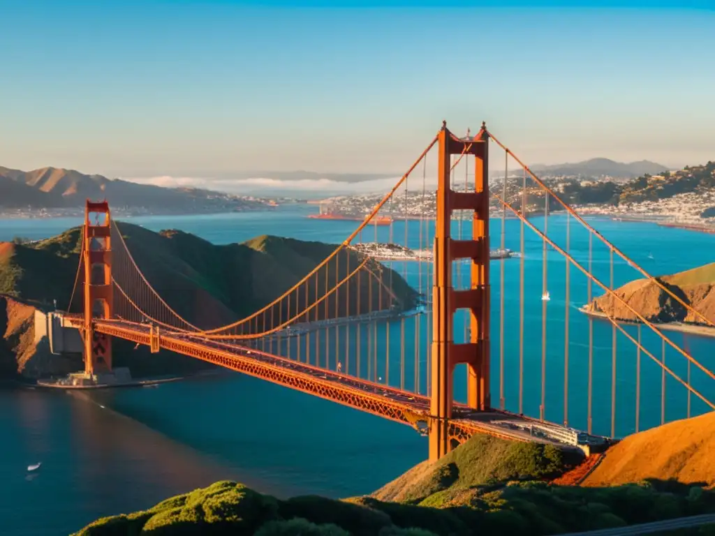 Foto icónica del Puente Golden Gate al atardecer en San Francisco, mostrando su arquitectura y la belleza de la bahía