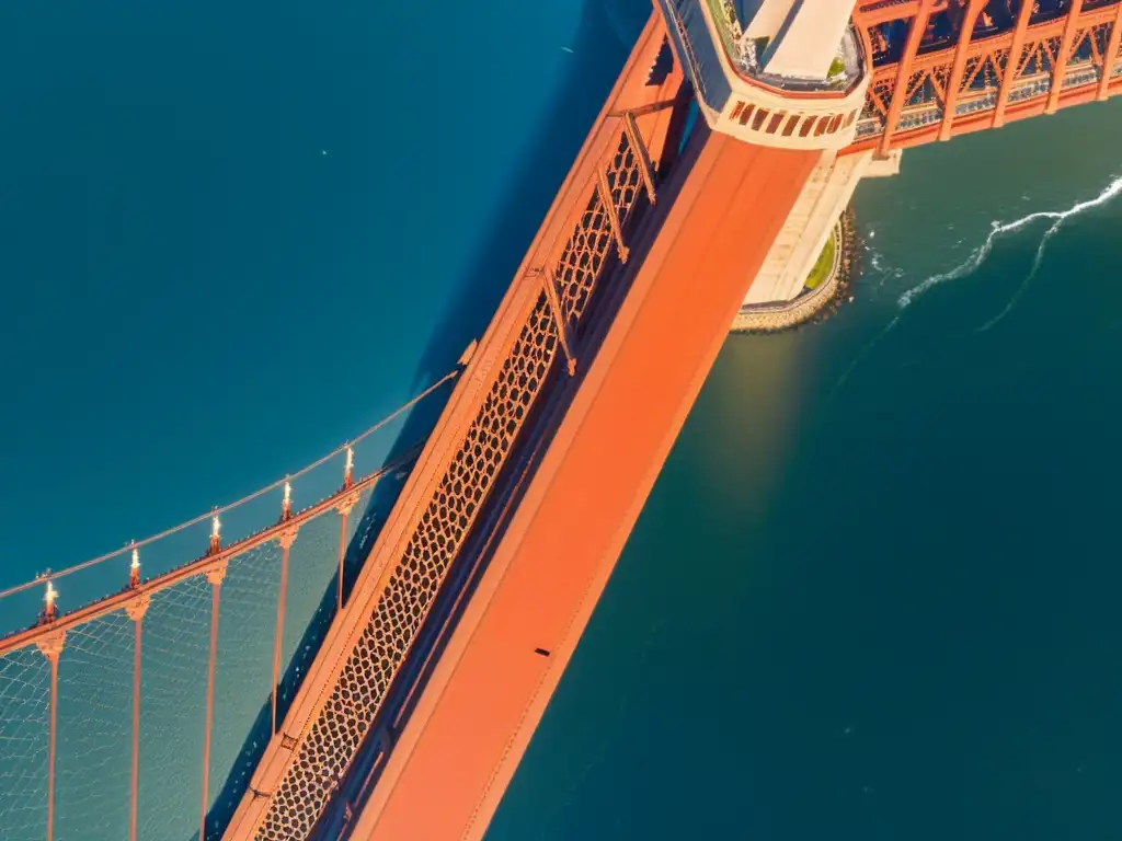 Foto icónica del Puente Golden Gate en San Francisco, con sus majestuosas torres rojo-naranja y cables, sobre aguas brillantes