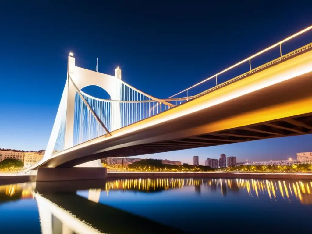 Foto nocturna de la impactante arquitectura del Puente de la Mujer, resaltando sus elegantes curvas y juego de luces en el paisaje urbano