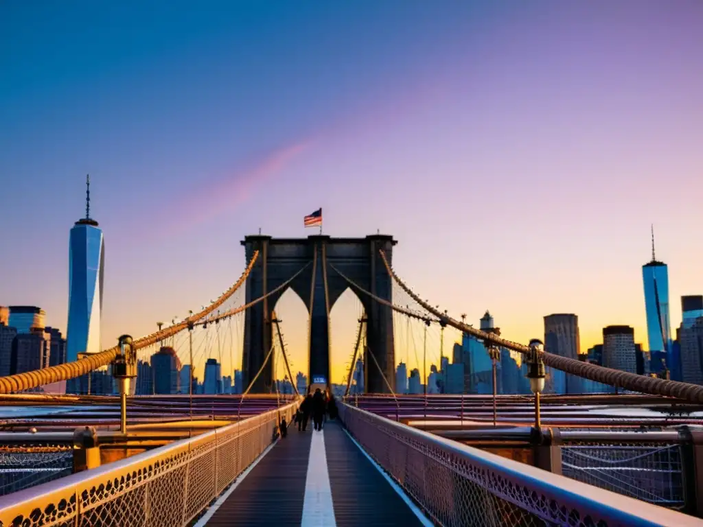 Foto de alta resolución del Puente de Brooklyn al atardecer, con el impacto cultural de los puentes icónicos en el mundo