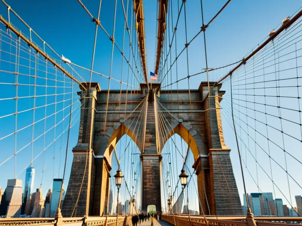 Foto de alta resolución del Puente de Brooklyn en Nueva York, con los cables de acero, torres de piedra y el bullicio de la ciudad al fondo