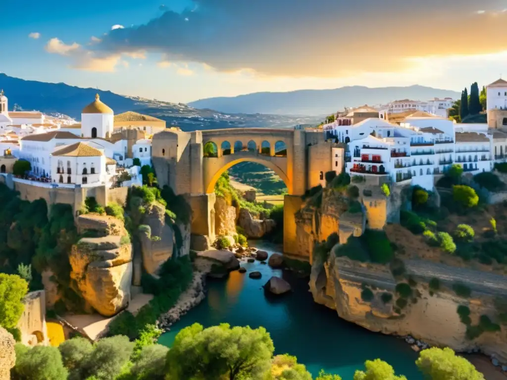 Una fotografía impactante del Puente Nuevo de Ronda, destacando su majestuosidad arquitectónica y la belleza natural que lo rodea