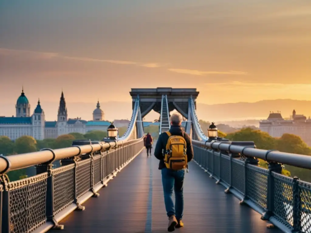 Un fotógrafo se prepara con accesorios de fotografía para capturar el icónico Puente de las Cadenas al atardecer