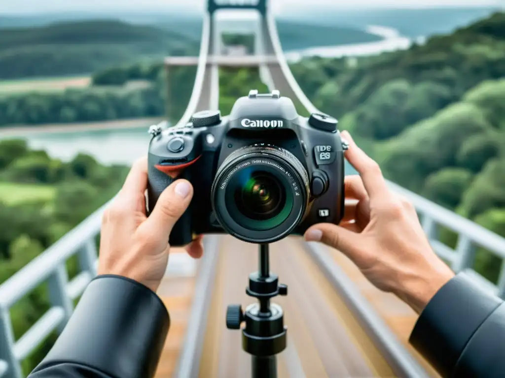 Un fotógrafo ajusta una cámara de alta gama en un trípode, con un puente de fondo