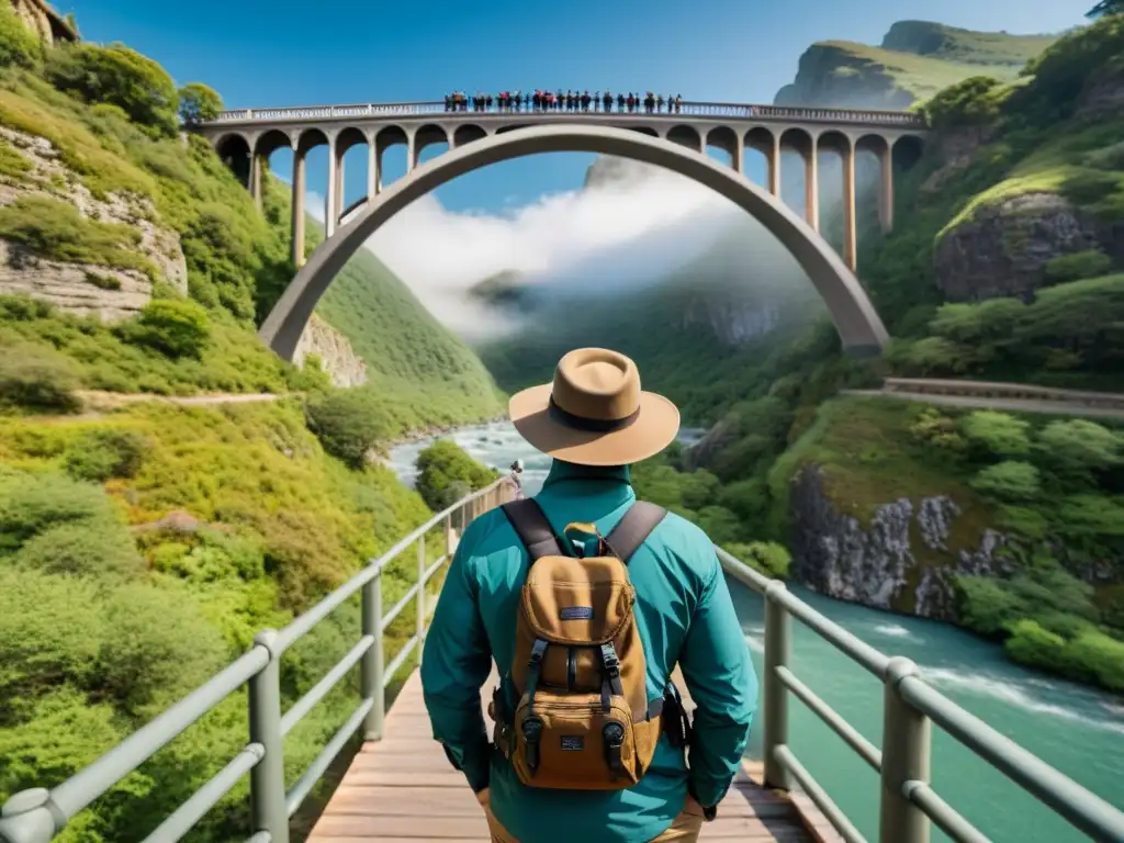 Un fotógrafo ajusta su cámara para capturar un majestuoso puente, resaltando la importancia de la ropa para fotógrafos de puentes en expediciones