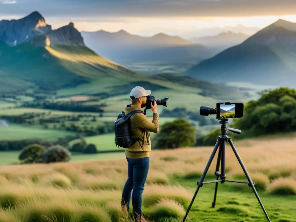 Un fotógrafo ajusta su cámara en un paisaje amplio usando dispositivos para controlarla a distancia