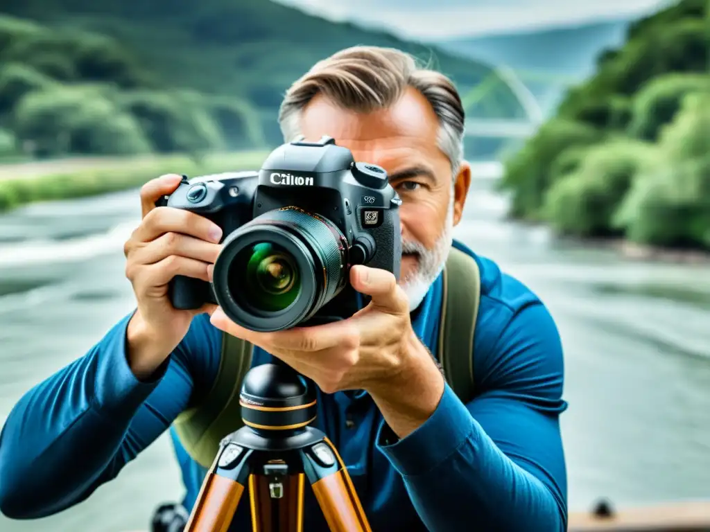 Fotógrafo ajustando la cámara sobre trípode con puente de fondo