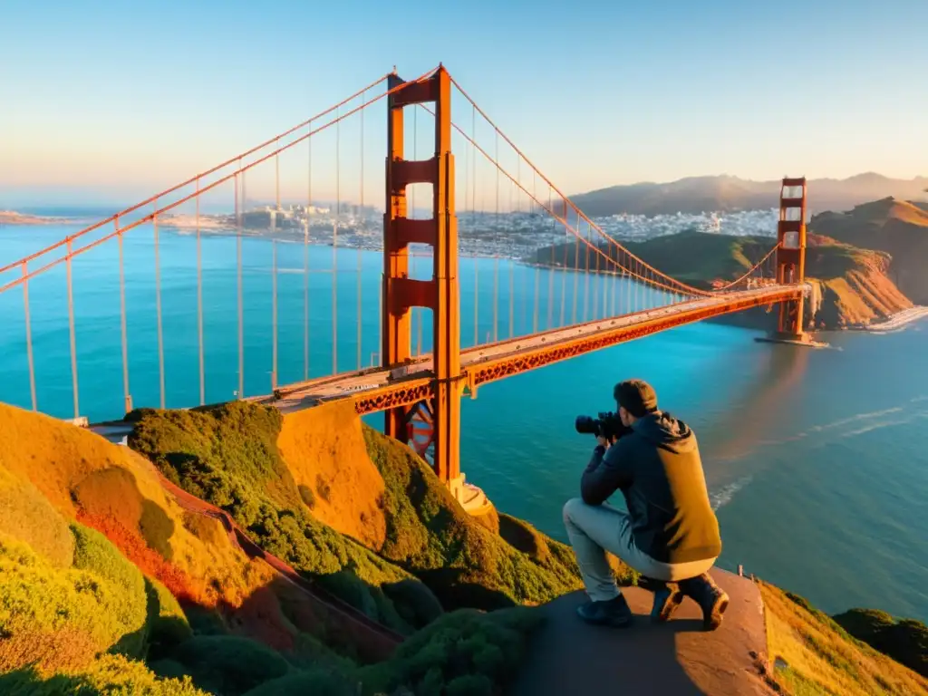 Un fotógrafo ajusta su cámara en un trípode en un acantilado con vista al icónico puente Golden Gate al amanecer