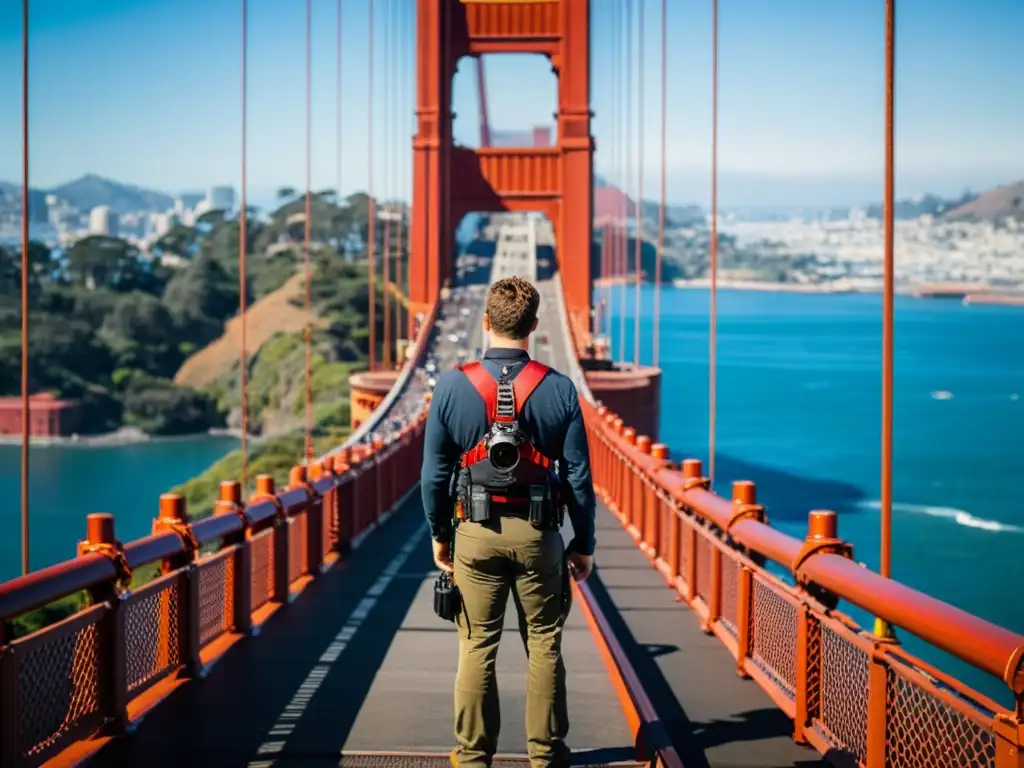 Un fotógrafo en el puente Golden Gate, concentrado en capturar detalles, con un estabilizador de imagen para fotografía de puentes