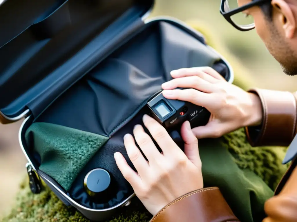 Un fotógrafo cuidadoso limpia su resistente funda de cámara, mostrando la importancia de las mejores fundas fotografía exteriores