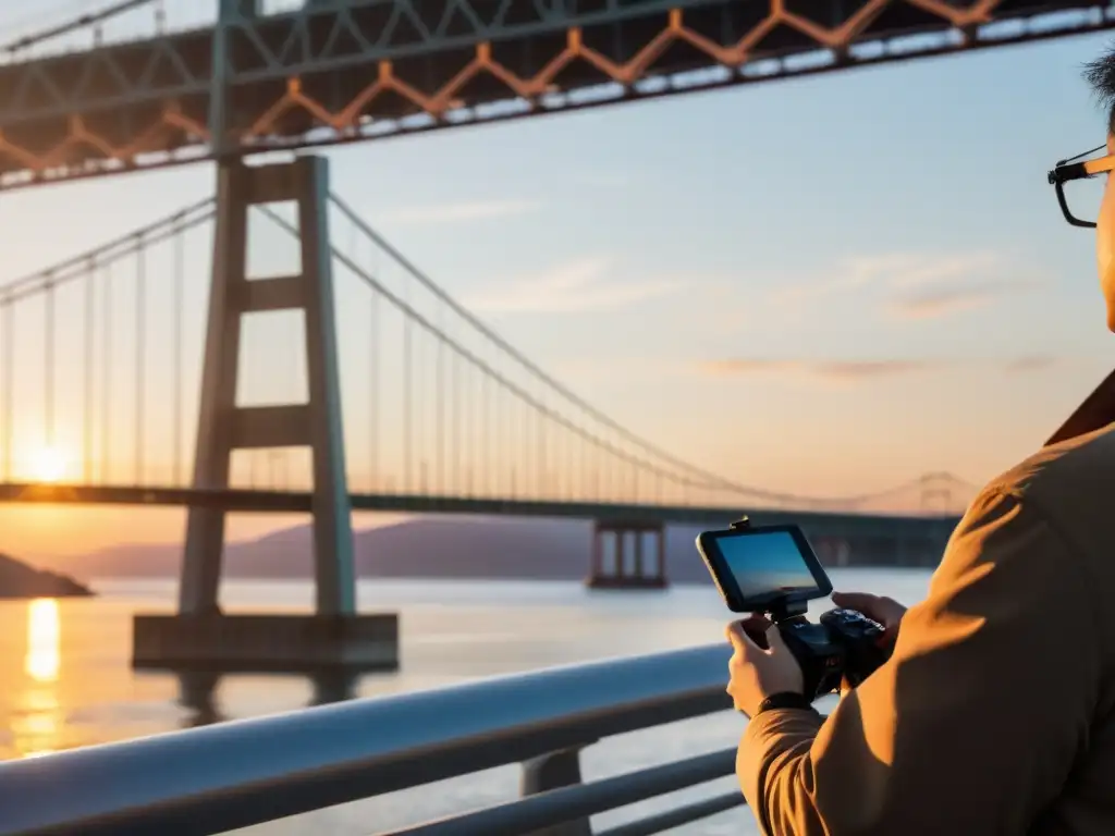 Un fotógrafo ajusta un disparador remoto, capturando el icónico puente Akashi Kaikyo al atardecer