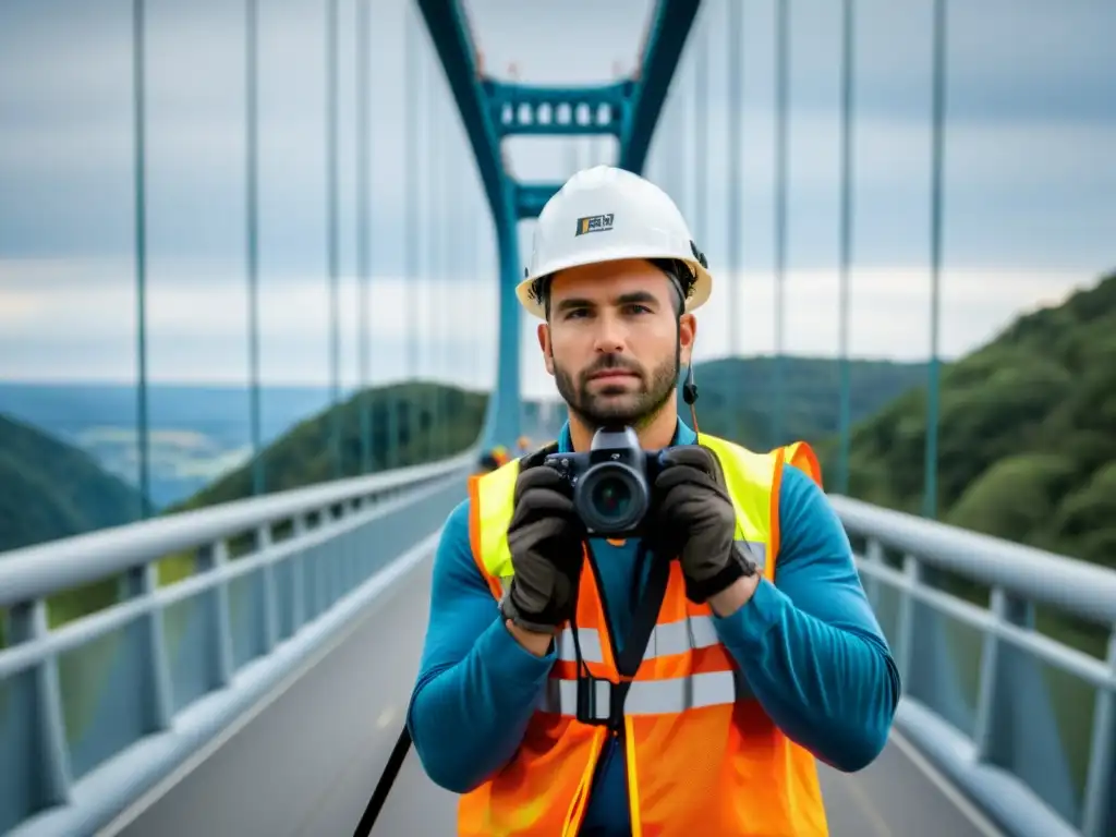 Un fotógrafo con equipo de protección personal ajusta la cámara en un puente alto