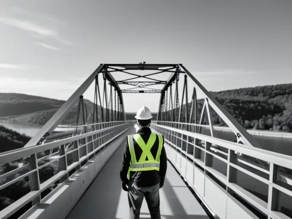 Un fotógrafo con Equipos de Protección Personal captura una vista impresionante de un puente en construcción