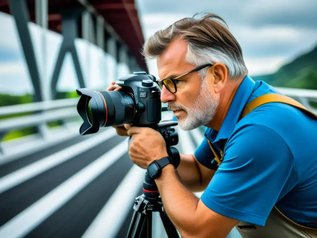 Un fotógrafo ajusta con determinación un estabilizador de imagen en un puente bullicioso, capturando el movimiento dinámico