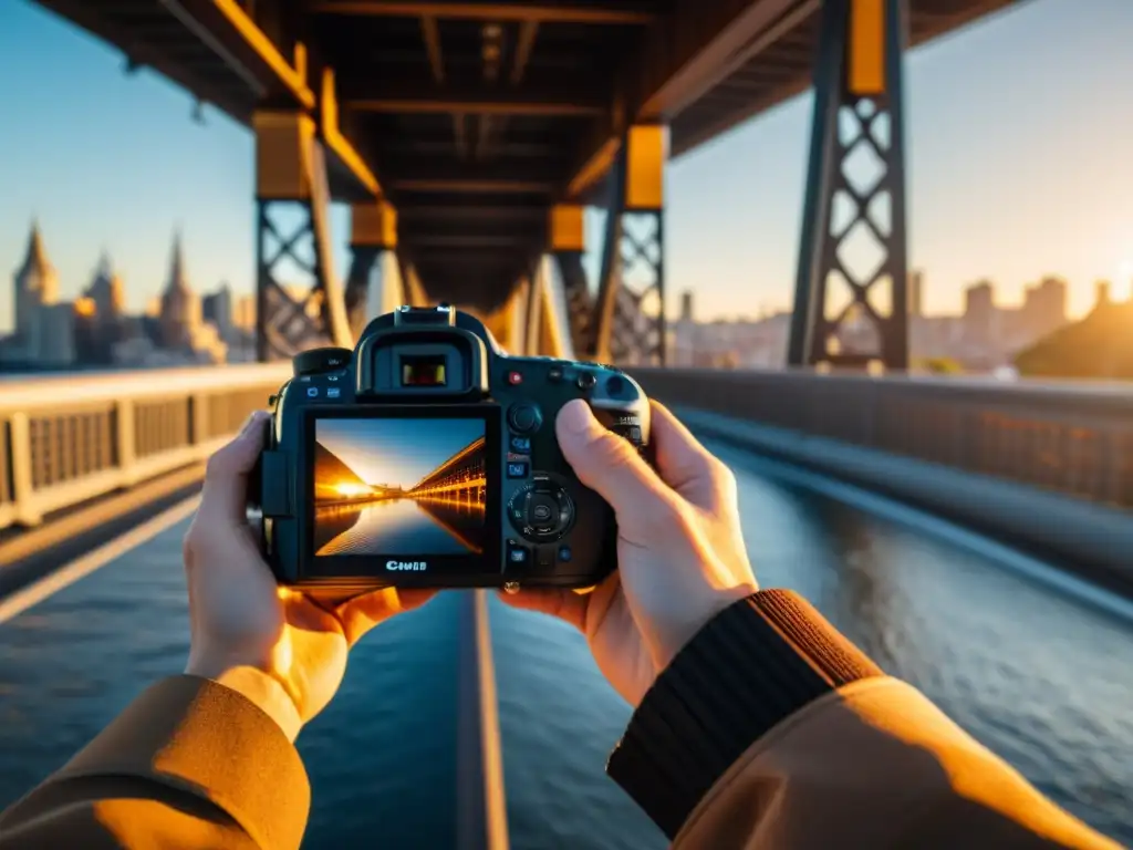 Un fotógrafo ajusta con precisión su cámara DSLR frente a un majestuoso puente, bañado por la cálida luz del atardecer