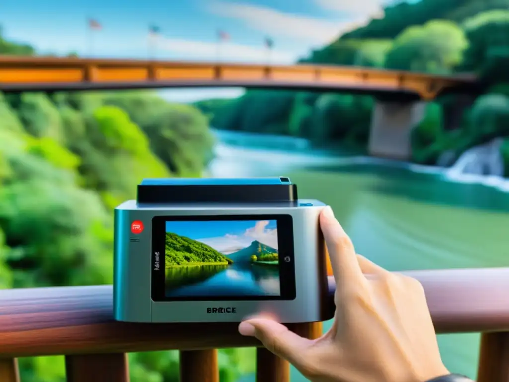 Un fotógrafo muestra una imagen vibrante de un puente en su móvil, imprimiendo en una impresora portátil en un entorno pintoresco y dinámico