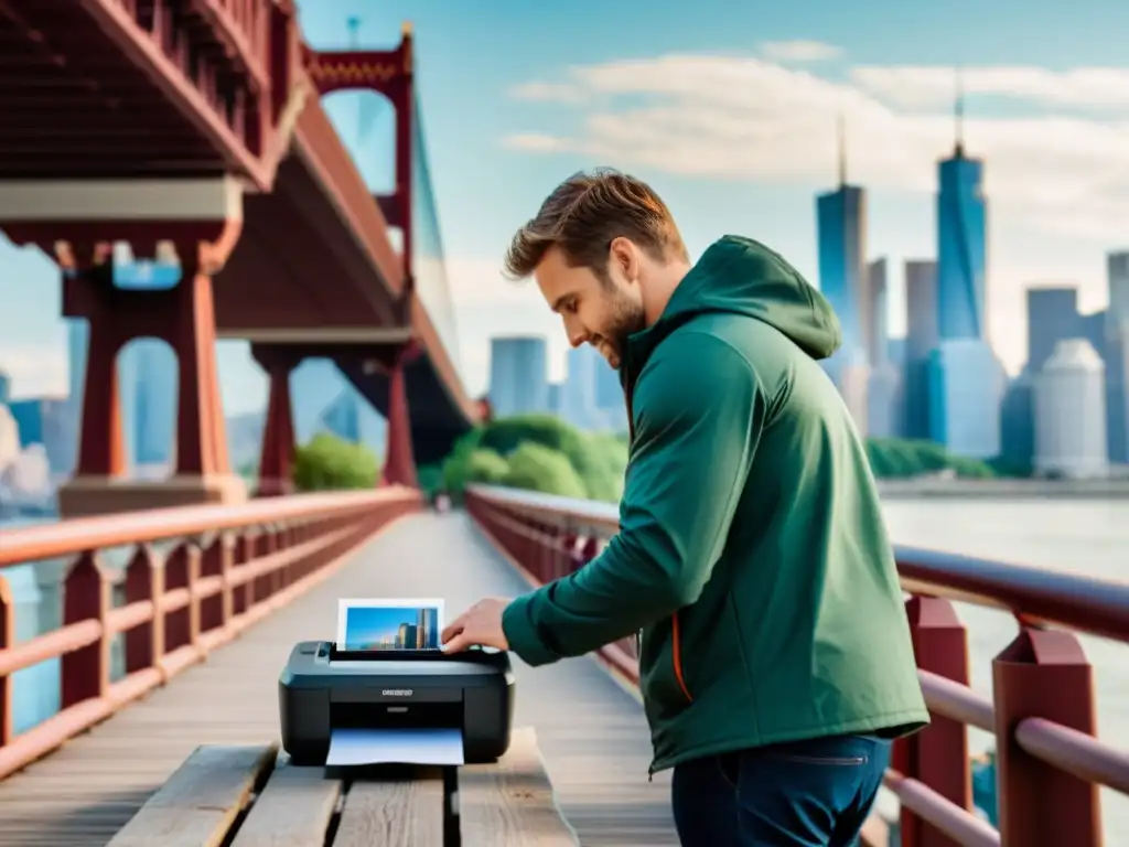 Un fotógrafo selecciona una impresora portátil en un puente, con la ciudad de fondo