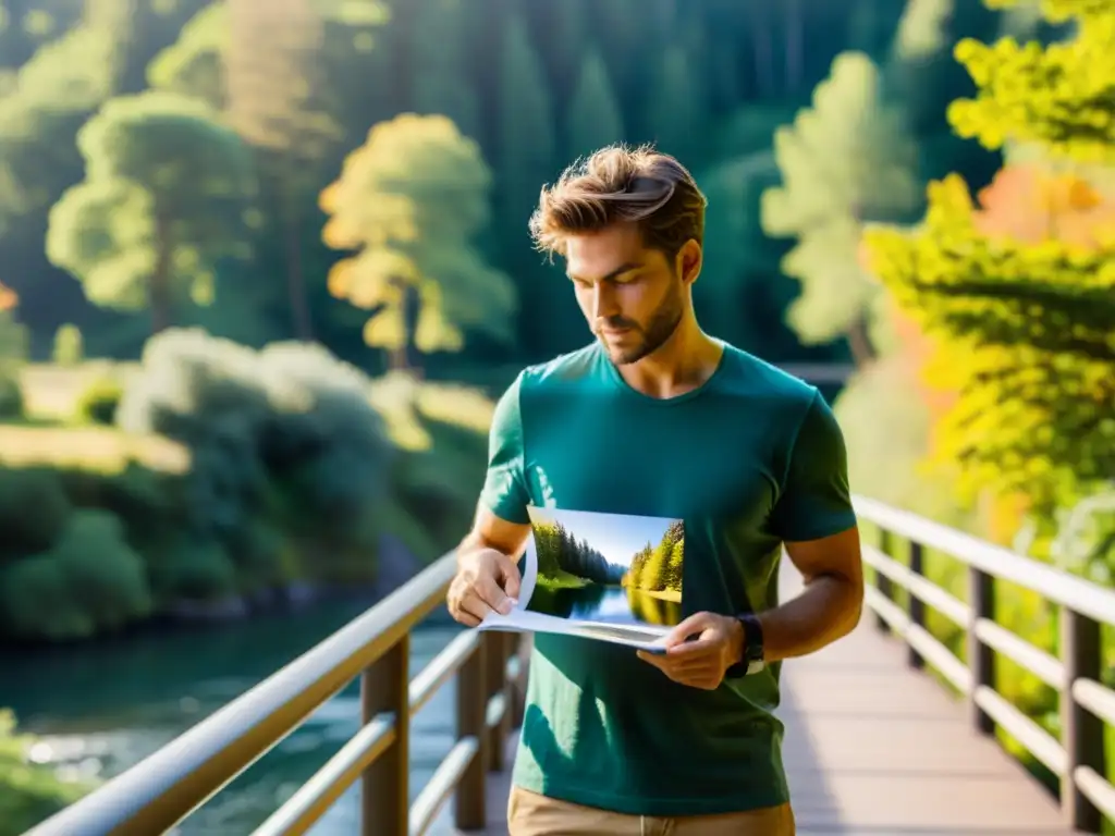 Un fotógrafo itinerante examina una foto impresa en un puente, rodeado de impresionantes paisajes naturales