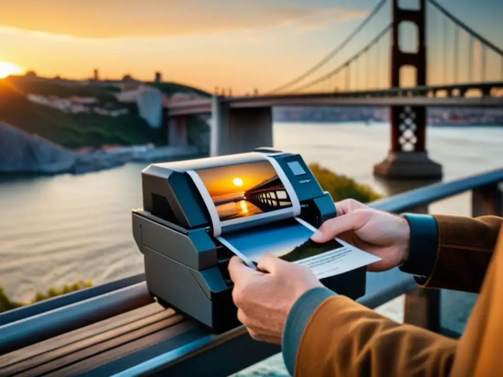 Un fotógrafo itinerante imprime una foto de un puente con una impresora portátil, con el sol poniéndose al fondo