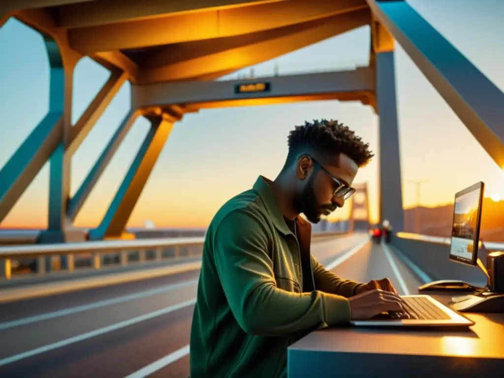 Un fotógrafo meticuloso editando una impresionante foto de un puente icónico al atardecer, rodeado de programas de edición de fotos