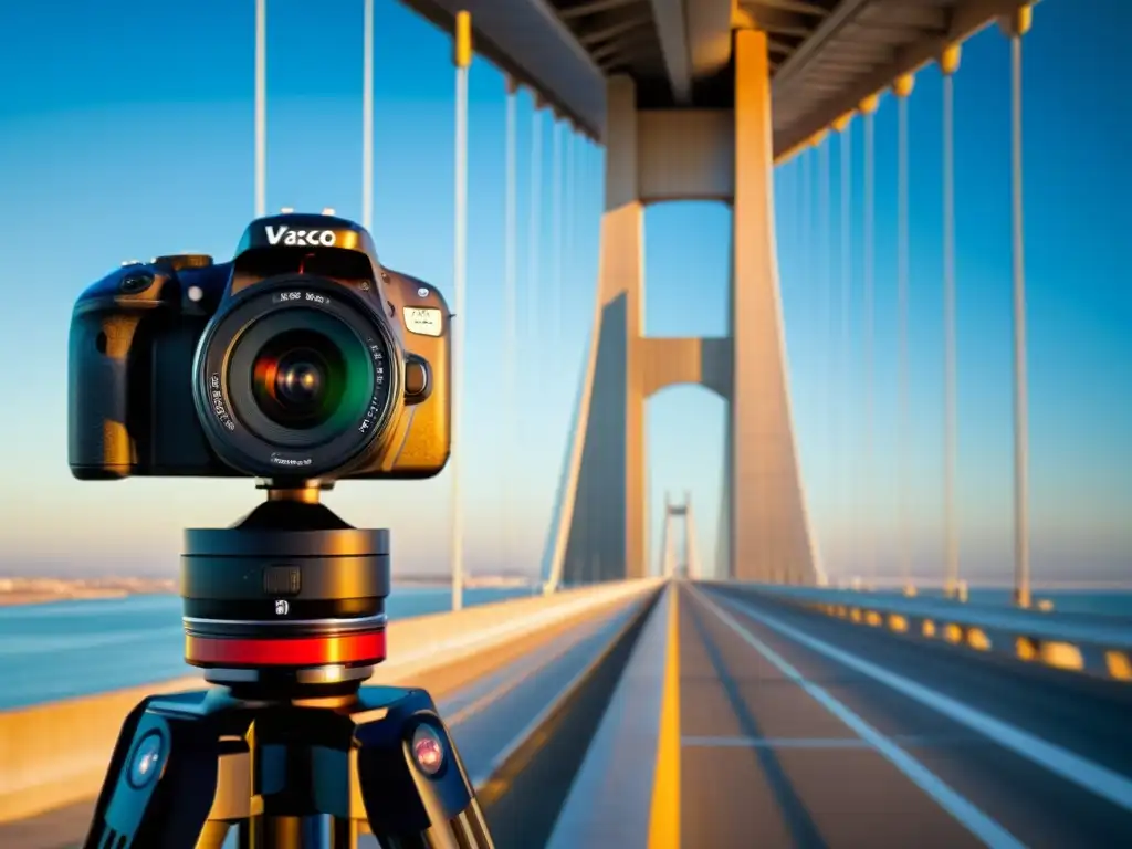 Un fotógrafo ajusta un moderno estabilizador de imagen en la cámara para capturar la estructura dinámica del puente Vasco da Gama