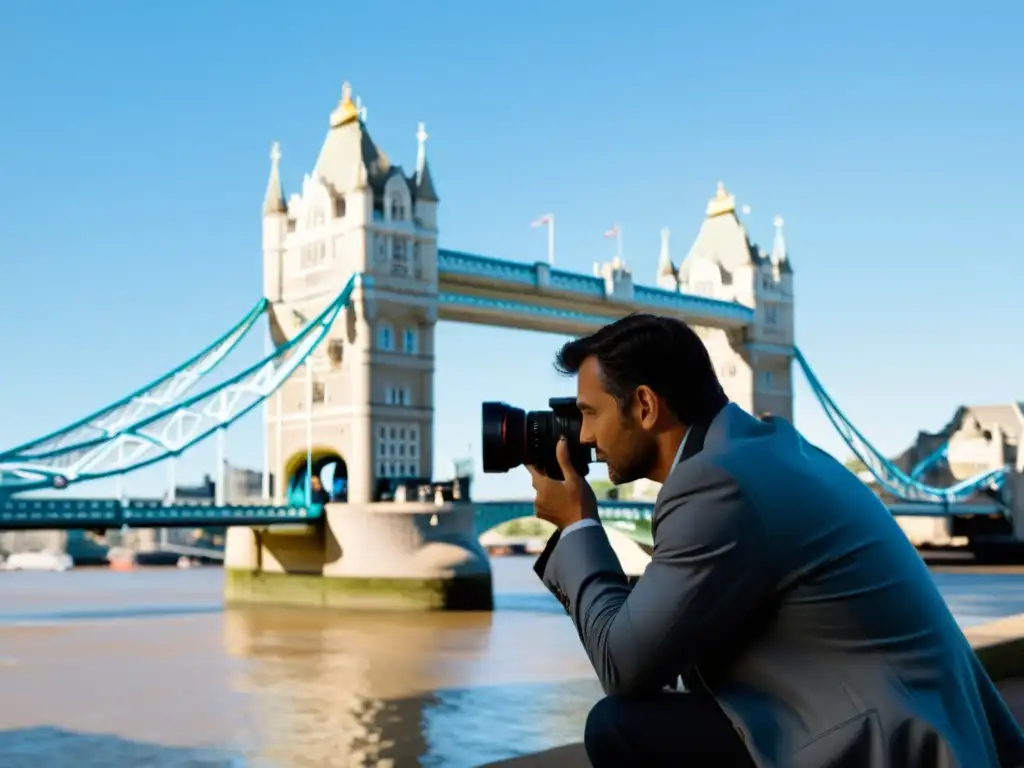 Un fotógrafo se inclina en la orilla de un río, enfocando el majestuoso Tower Bridge con un teleobjetivo