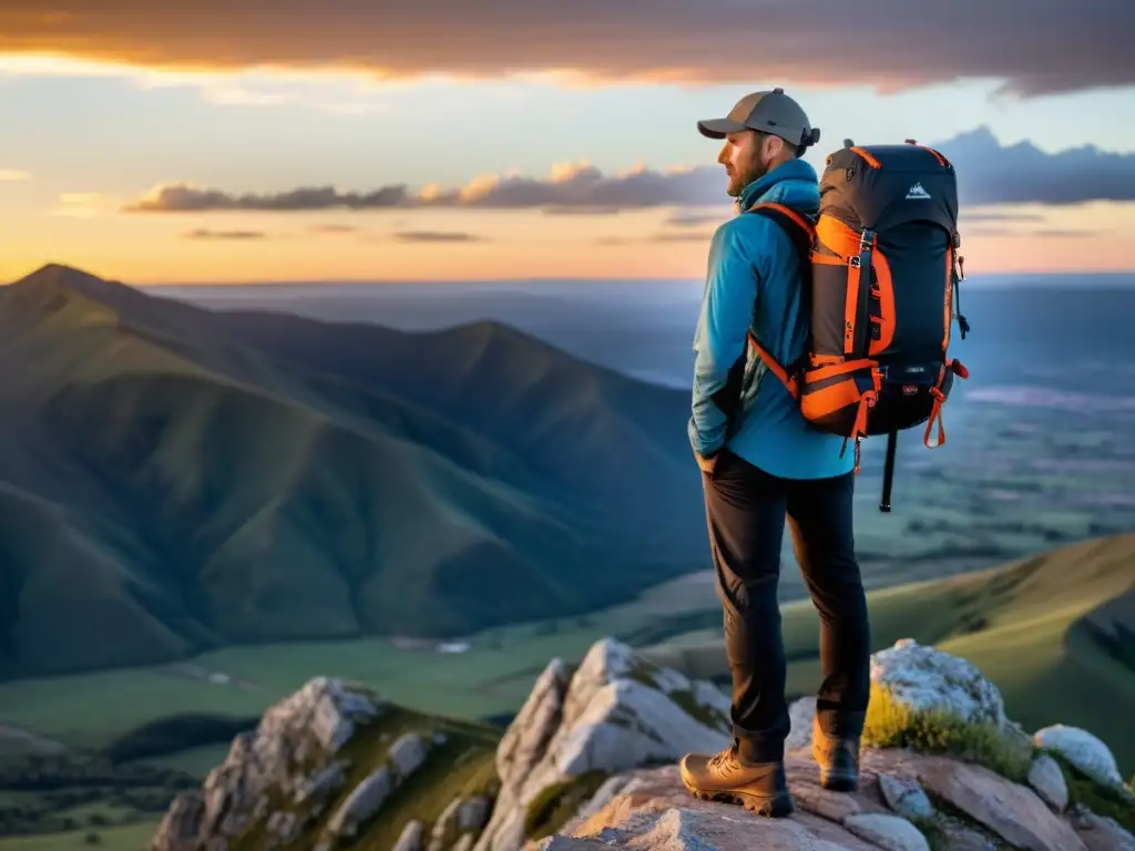 Un fotógrafo profesional captura un atardecer impresionante en la cima de una montaña, protegiendo su cámara con una de las mejores fundas fotografía exteriores