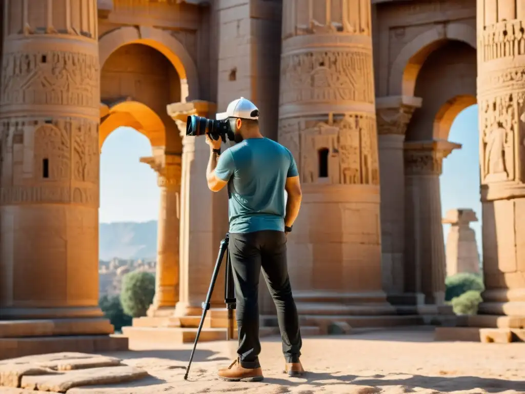 Un fotógrafo profesional ajusta su cámara DSLR frente a un monumento antiguo mientras captura su grandiosidad