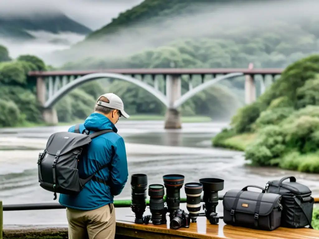 Un fotógrafo profesional prepara su cámara en un trípode frente a un majestuoso puente, rodeado de accesorios para fotografía exterior