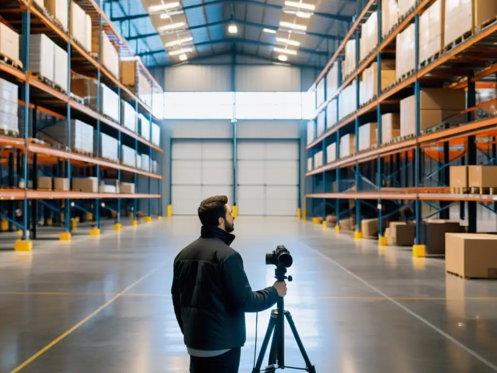 Un fotógrafo profesional controla a distancia su cámara en un almacén vacío, demostrando el uso de dispositivos para capturar espacios amplios