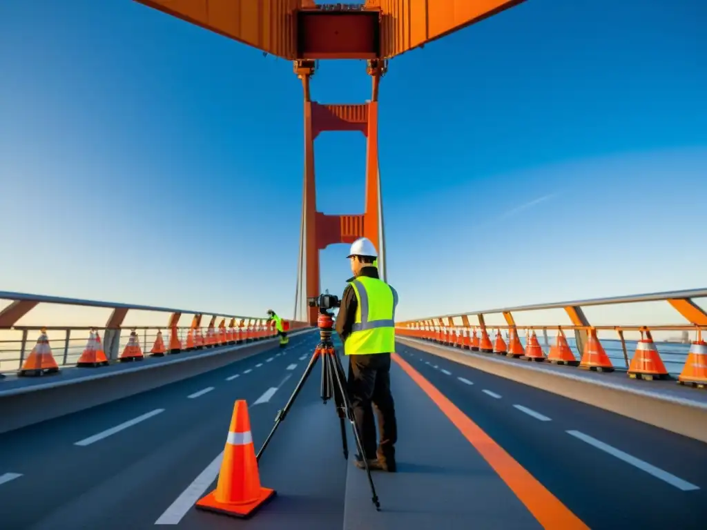 Un fotógrafo profesional, equipado con equipos de protección personal para fotografiar, prepara su cámara cerca del majestuoso puente