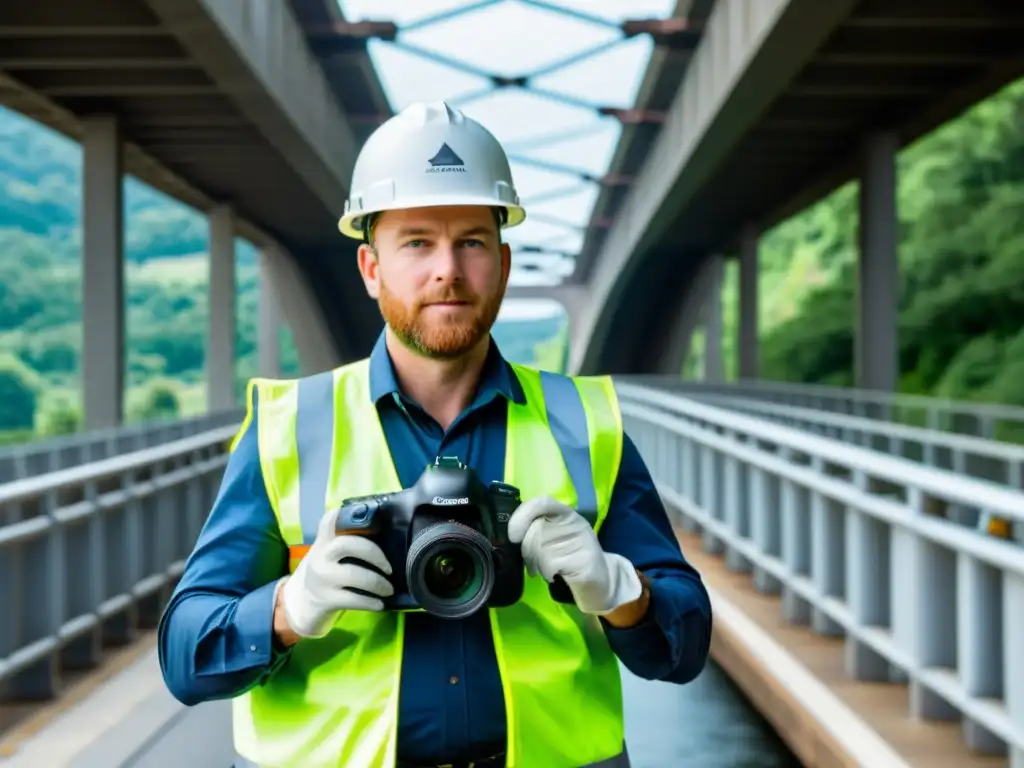 Un fotógrafo profesional ajustando sus equipos de protección personal para fotografiar bajo un puente