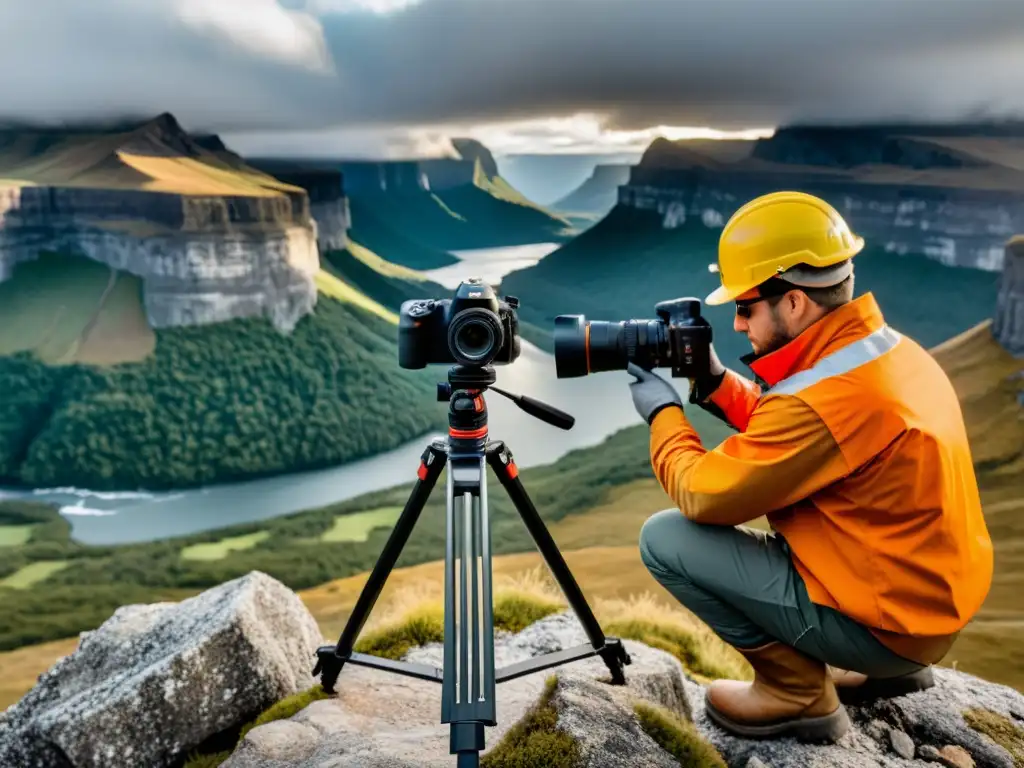 Un fotógrafo profesional con Equipos de Protección Personal para Fotografiar, preparando su cámara en un entorno desafiante