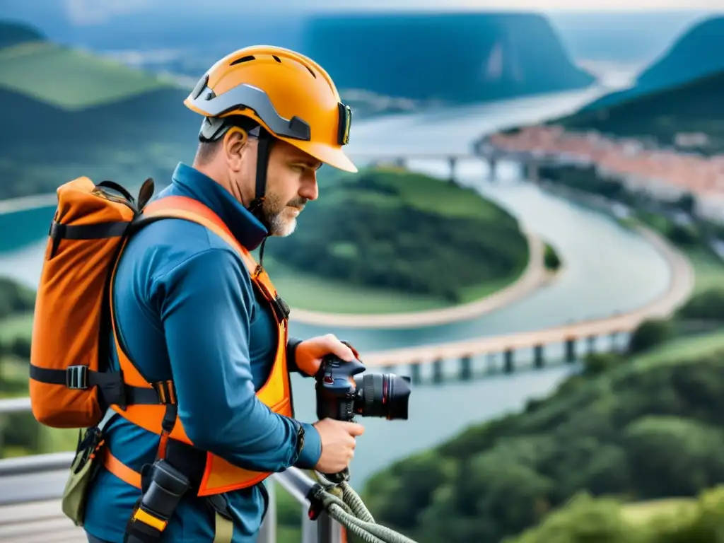 Un fotógrafo profesional con equipos de protección personal para fotografiar, preparándose en un puente estrecho con impresionante paisaje de fondo