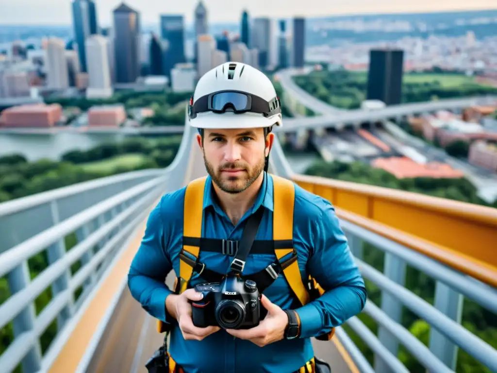 Un fotógrafo profesional se asegura con equipos de protección personal para fotografiar en un puente alto y estrecho, con la ciudad de fondo