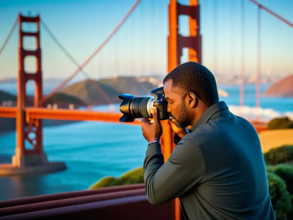 Un fotógrafo profesional ajusta su cámara DSLR con el puente Golden Gate de fondo