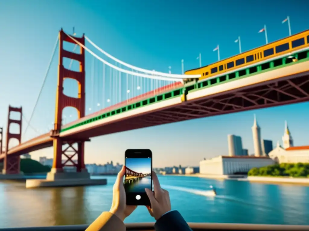 Un fotógrafo profesional edita una foto de un puente icónico con una app de edición de fotos en su teléfono