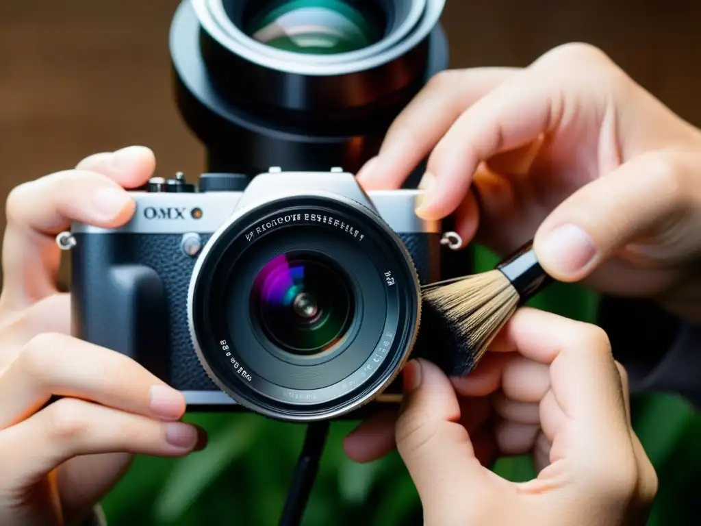 Un fotógrafo profesional limpia con cuidado el objetivo de una cámara compacta en un entorno natural