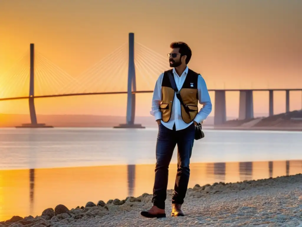 Un fotógrafo profesional captura la majestuosa puesta de sol sobre el Puente Vasco da Gama, mostrando accesorios para fotografía de puentes icónicos