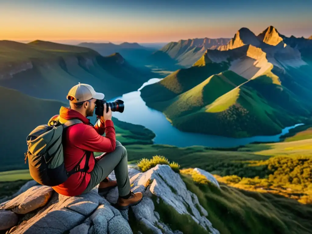 Un fotógrafo profesional capturando la naturaleza en atardecer con las mejores fundas fotografía exteriores, rodeado de equipo resistente y fiable