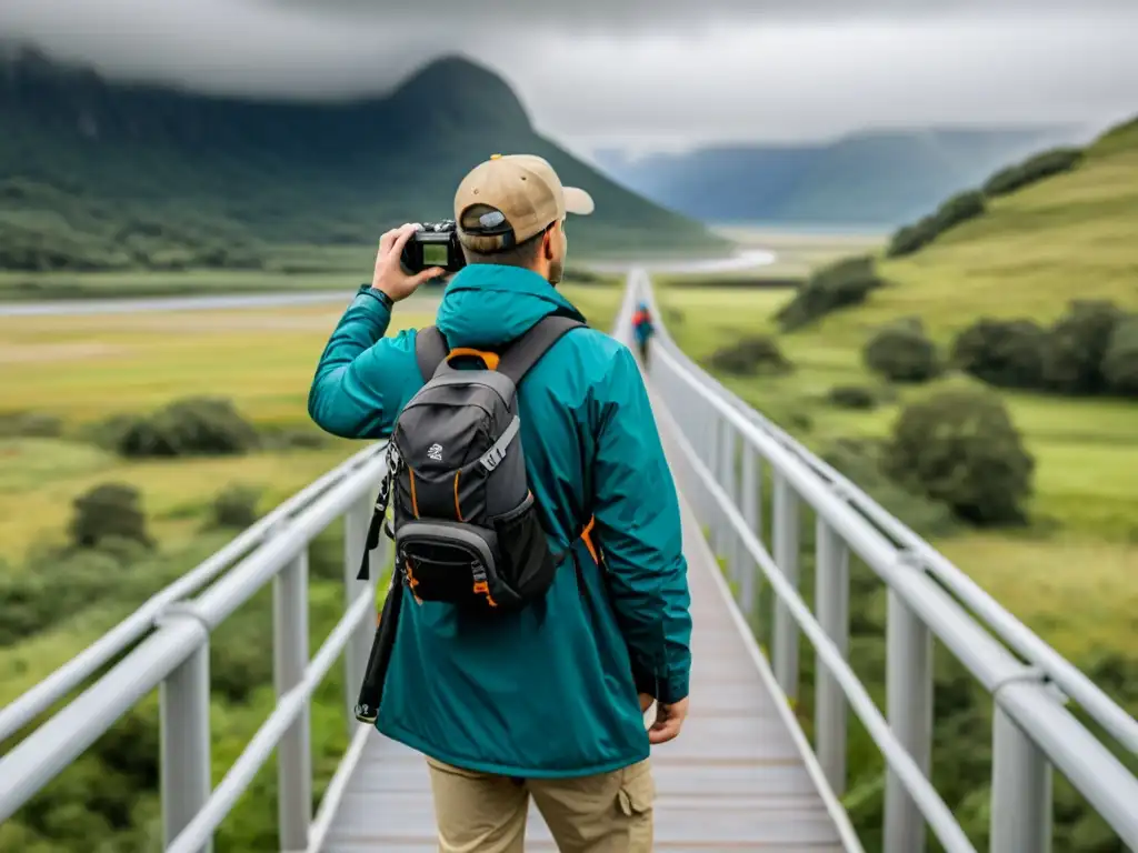 Un fotógrafo de puentes con ropa especial capturando la belleza del paisaje