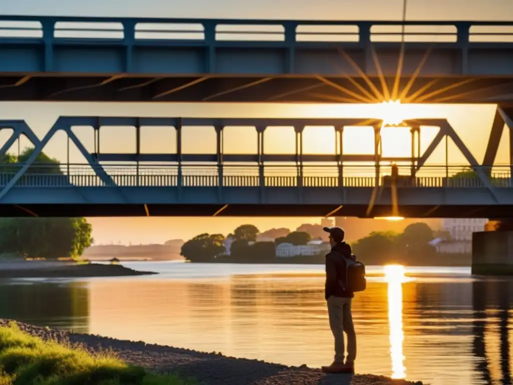 Un fotógrafo utiliza reflectores para resaltar la arquitectura de un puente al atardecer, creando un impresionante contraste de luz y sombra