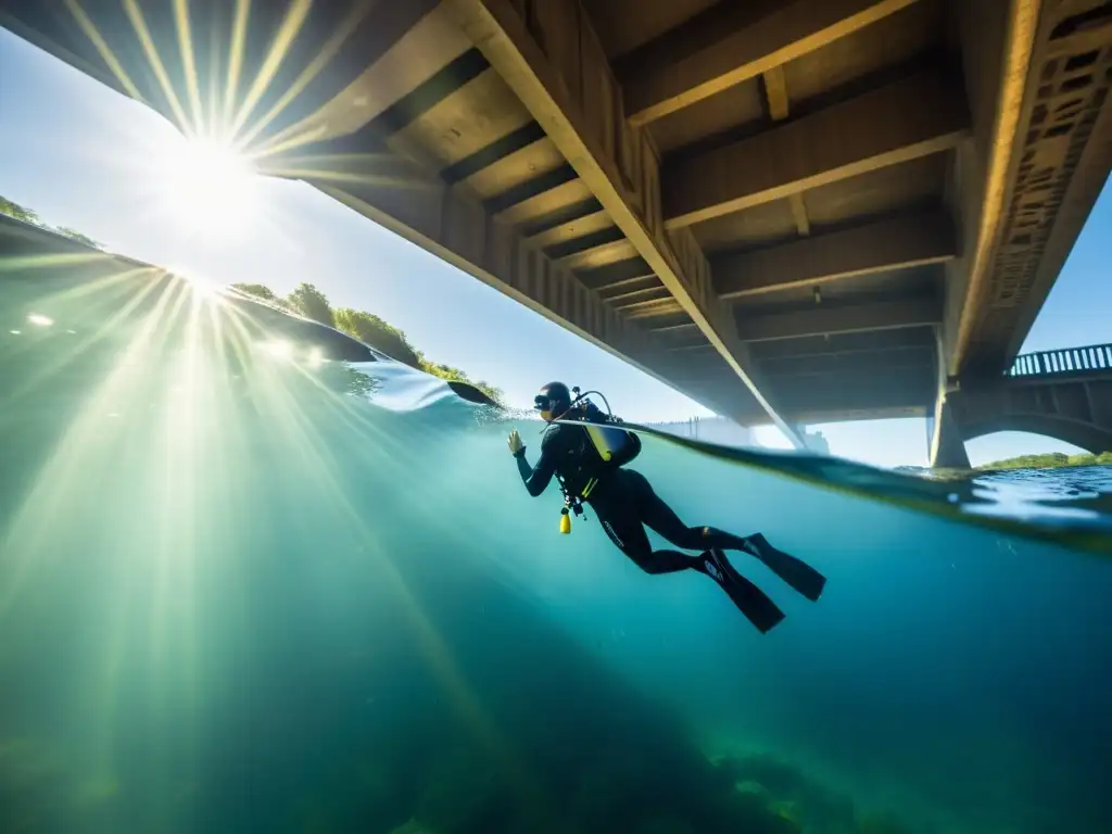 Un fotógrafo submarino capturando la arquitectura de un puente, iluminado por el sol