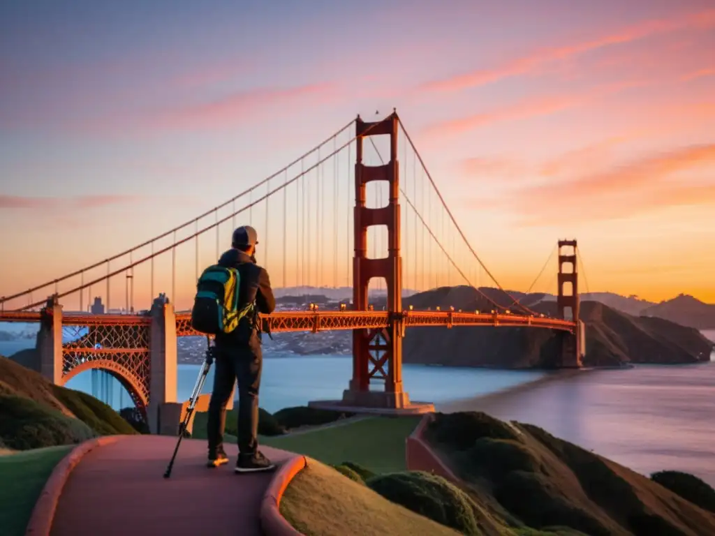 Un fotógrafo ajusta su trípode al atardecer frente al icónico Puente Golden Gate, destacándose la silueta del puente en el cielo anaranjado y rosado