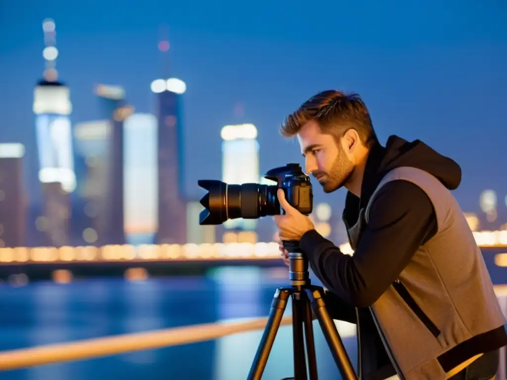 Un fotógrafo ajusta su trípode en un puente nocturno, con la ciudad iluminada de fondo