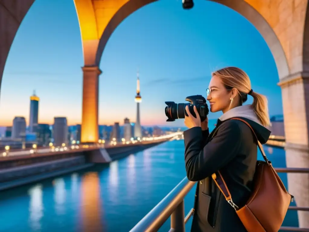 Un fotógrafo de viajes capturando un puente emblemático entre luces de la ciudad