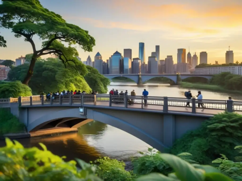 Fotógrafos itinerantes imprimen sus capturas al atardecer en un puente, con impresoras portátiles